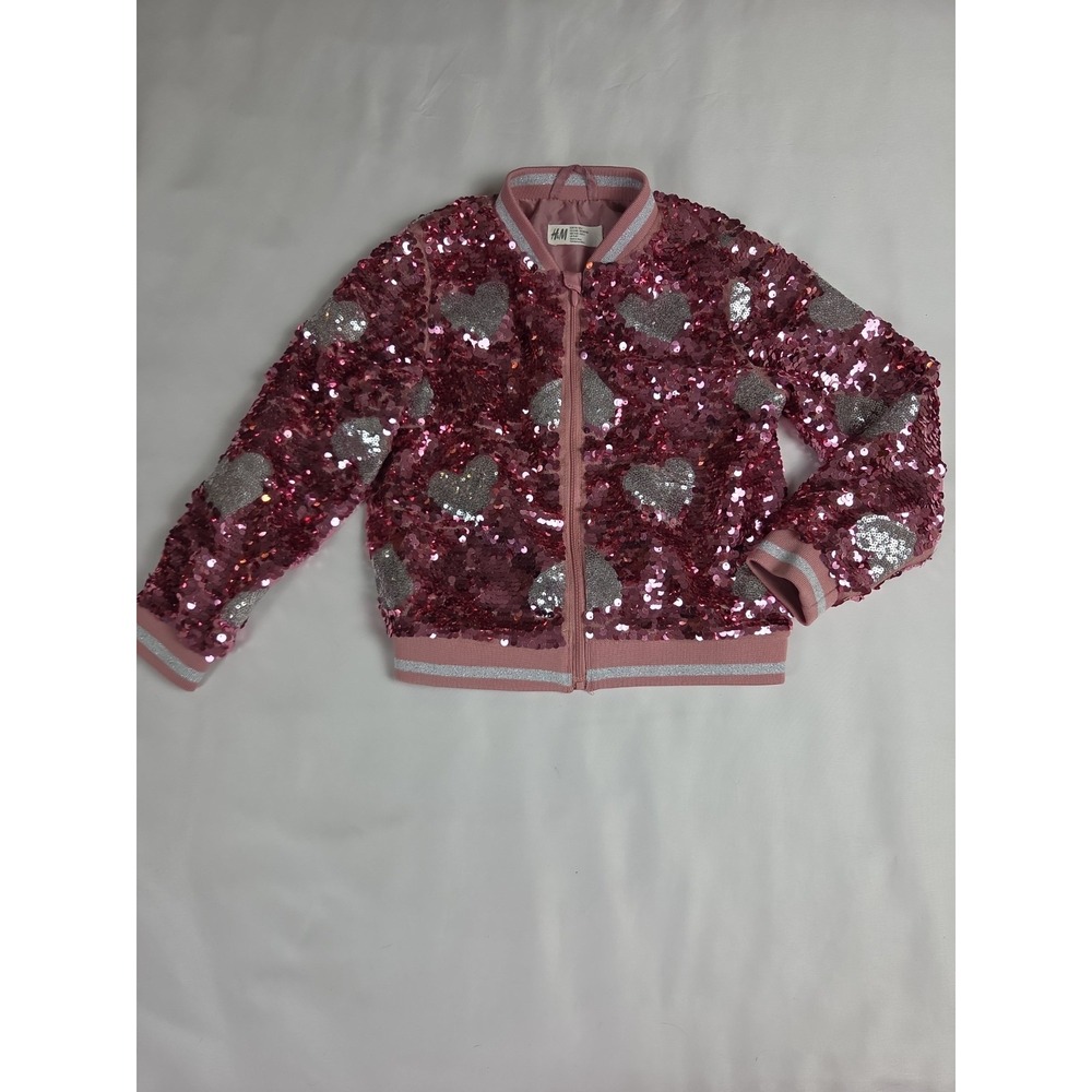 H&M Pink Sequined Bomber Jacket sz 6 Silver Heart full  Zip